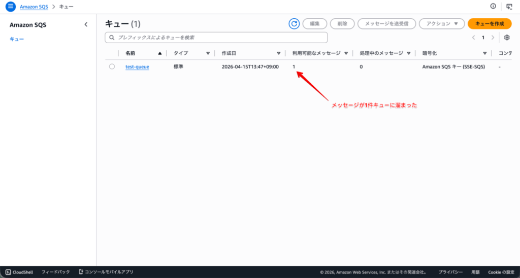 sqsコンソールでキューに溜まったメッセージの件数確認