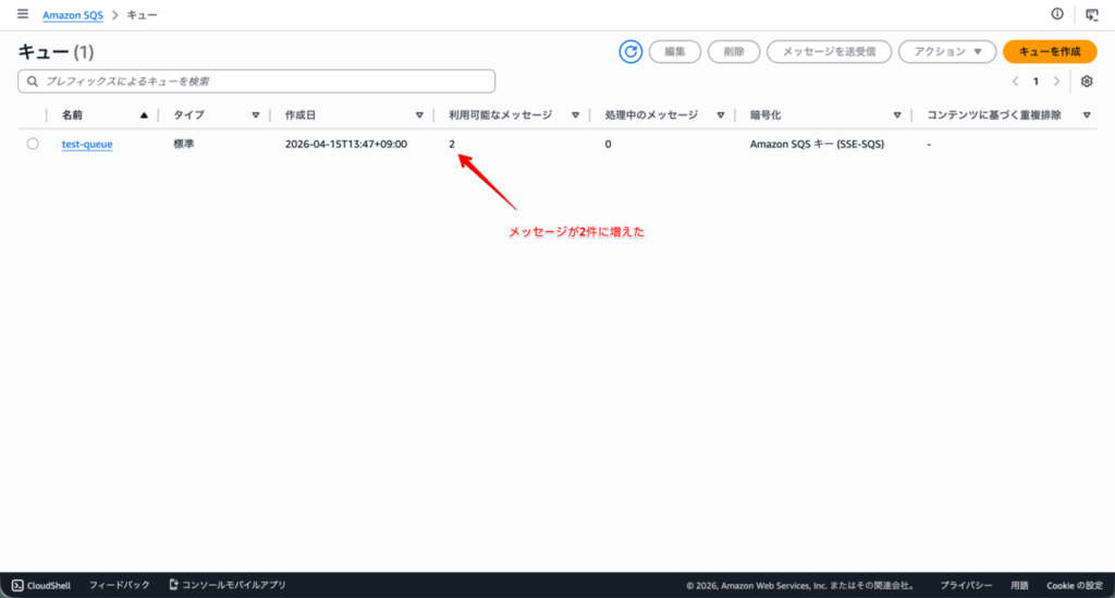 sqsコンソールでキューに溜まったメッセージの件数確認_2件め
