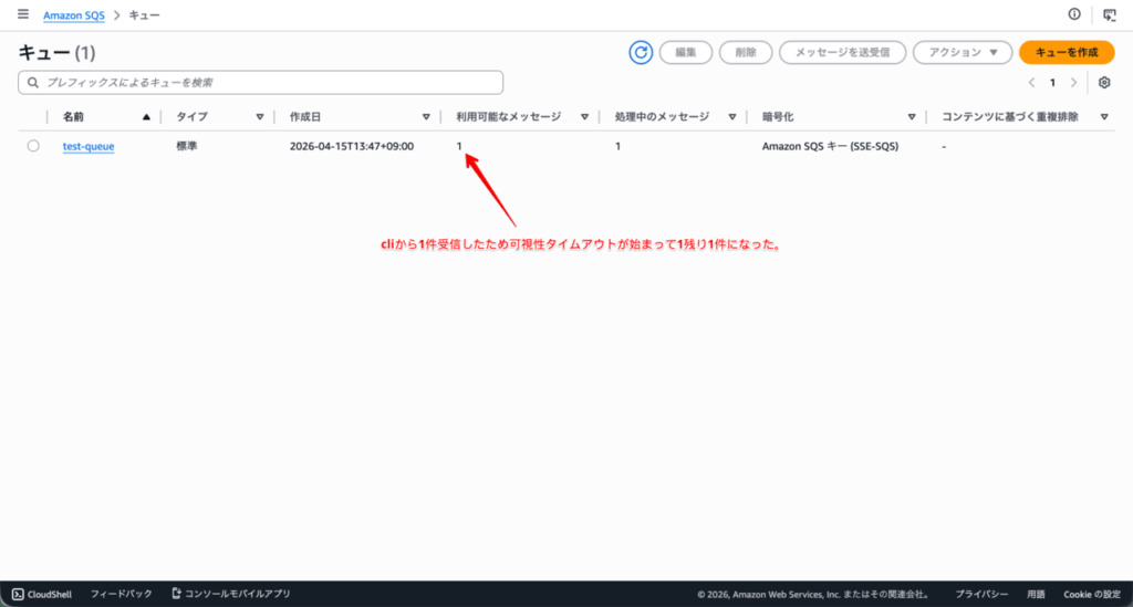 メッセージの受信後に残メッセージをコンソールで確認