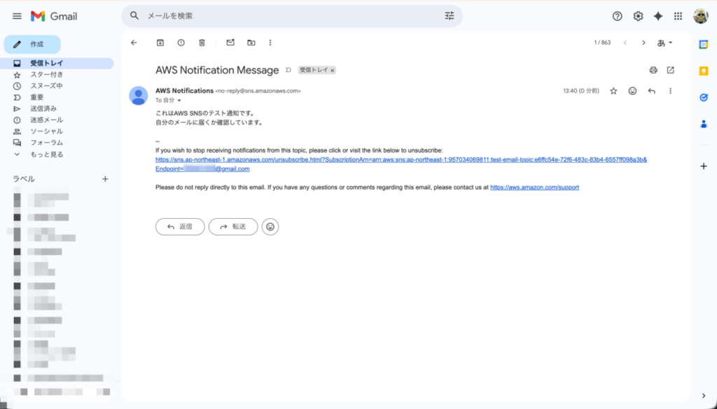 メッセージの受信確認 | test-email-topic