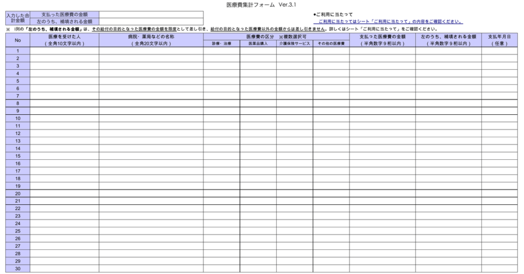 国税庁が配布している「医療費集計フォーム」（Ver.3.1）